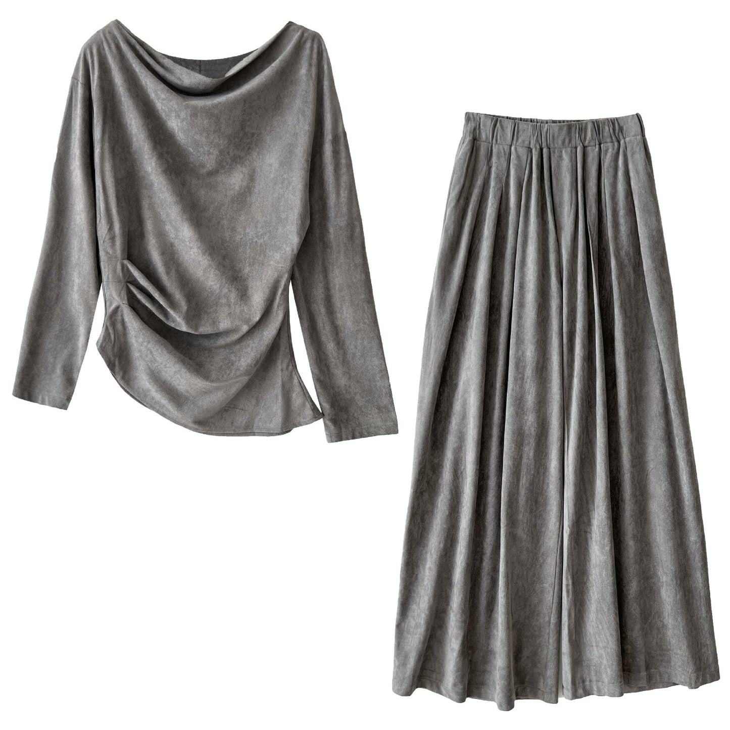 Irregular swing collar dew slanted shoulder top + wide-leg pants two-piece set autumn suede spice girl foreign style set