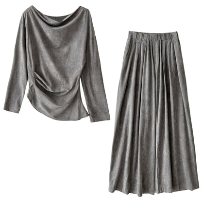 Irregular swing collar dew slanted shoulder top + wide-leg pants two-piece set autumn suede spice girl foreign style set