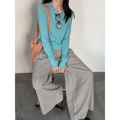 Korean vertical striped casual lazy wide-leg trousers women's spring and summer new loose straight-leg trousers
