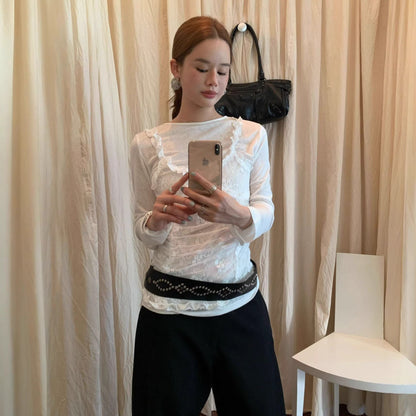 French Fake Two-Piece Lace Splicing Crew Neck Long Sleeve Shirt