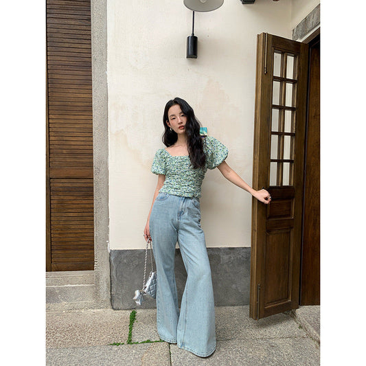 Floral Bubble Sleeve Crop Top