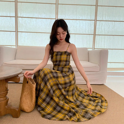 Spice Girl Dark Gold Checkered Irregular Suspender Dress