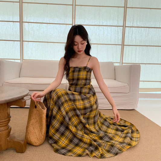 Spice Girl Dark Gold Checkered Irregular Suspender Dress