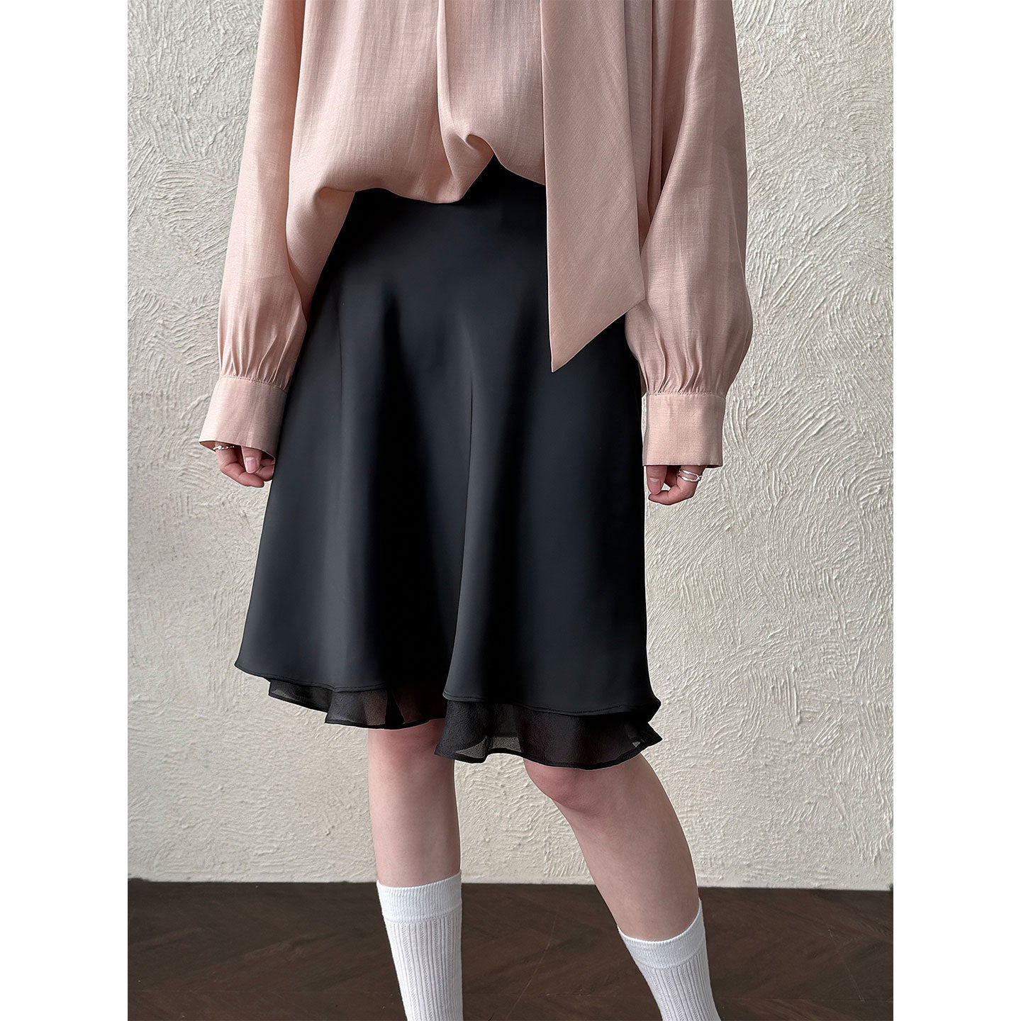 Korean gentle wind splicing skirt women's early spring versatile silky slippery lotus leaf edge a-word skirt