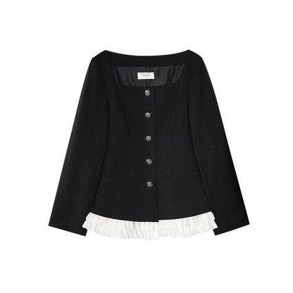 Autumn French Hepburn temperament lace splicing single-breasted square collar jacket