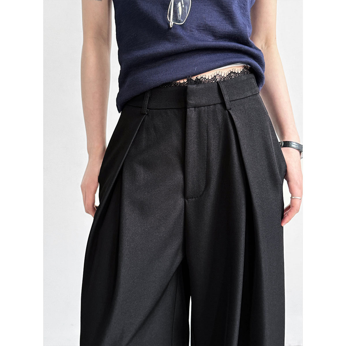 Vintage casual high-waisted lace splicing wide-leg suit pants women's spring drape straight floor trousers