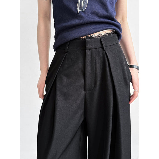 Vintage casual high-waisted lace splicing wide-leg suit pants women's spring drape straight floor trousers
