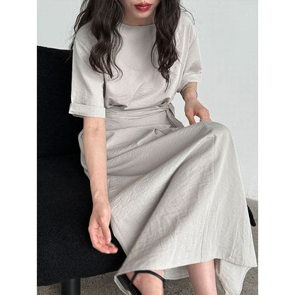 Niche design cross-strap short-sleeved dress spring and summer new waist and thin A-shaped long dress