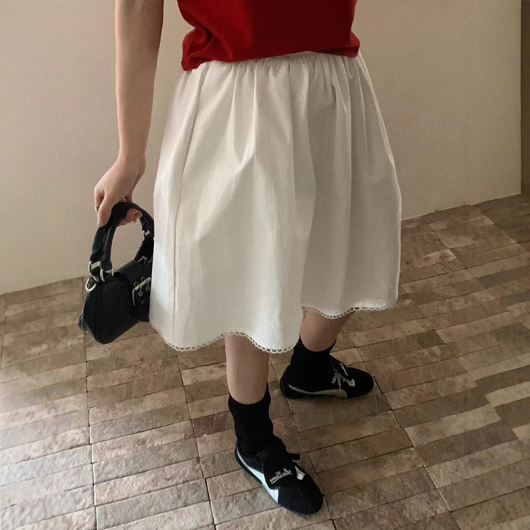 Versatile elastic lace splicing simple and thin a-shaped skirt