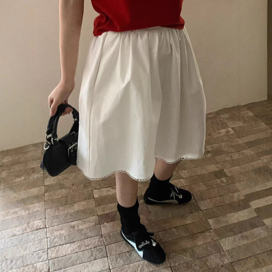 Versatile elastic lace splicing simple and thin a-shaped skirt