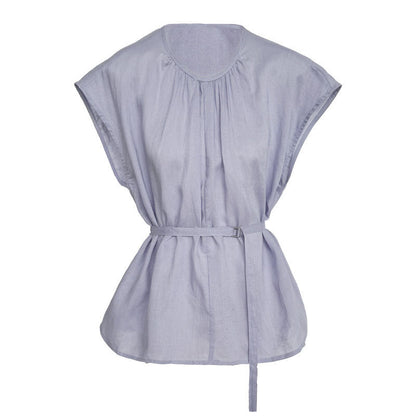Tencel linen crew neck waist shirt women's summer new sleeveless vest upper belt short-sleeved shirt