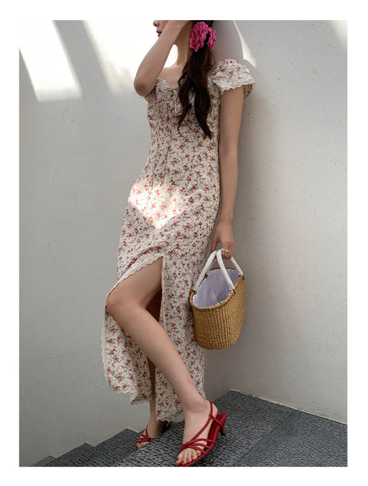 Slimming square neck floral dress