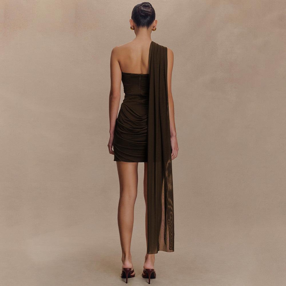 Pleated Tube Top Mini Dress with Tie Detail
