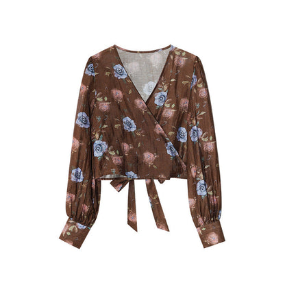 Temperament Tencel v-neck strap long-sleeved shirt