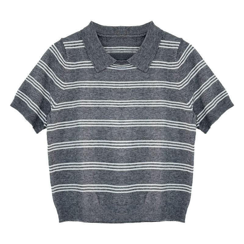 Korean striped lapel neck knitted sweater top women's autumn new contrasting color casual commuter short sleeve Tss746
