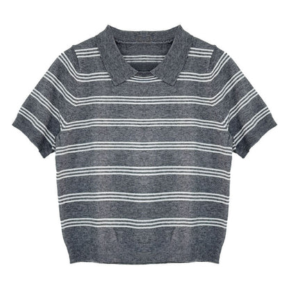 Korean striped lapel neck knitted sweater top women's autumn new contrasting color casual commuter short sleeve Tss746