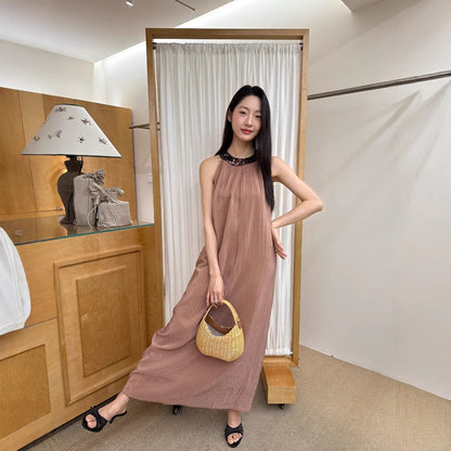 Contrast Color Halter Neck Sleeveless A-Line Maxi Dress