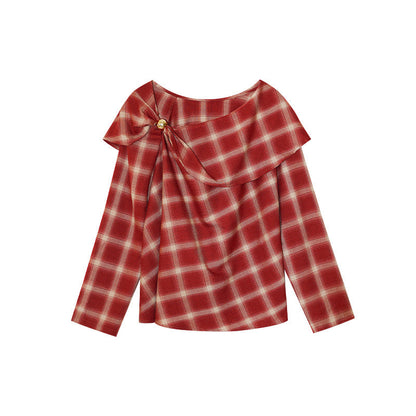 Plaid niche long-sleeved ruffle edge pullover collar shirt women
