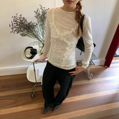 French Fake Two-Piece Lace Splicing Crew Neck Long Sleeve Shirt