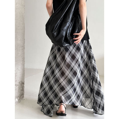 Korean simple plaid A-word skirt women's summer new tulle drape irregular skirt