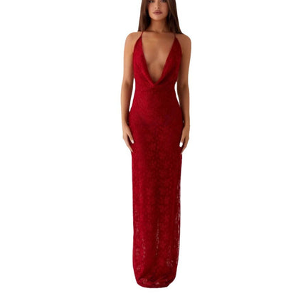 Women's new fashion lace lace-up long dress big halter sexy hottie suspender dress