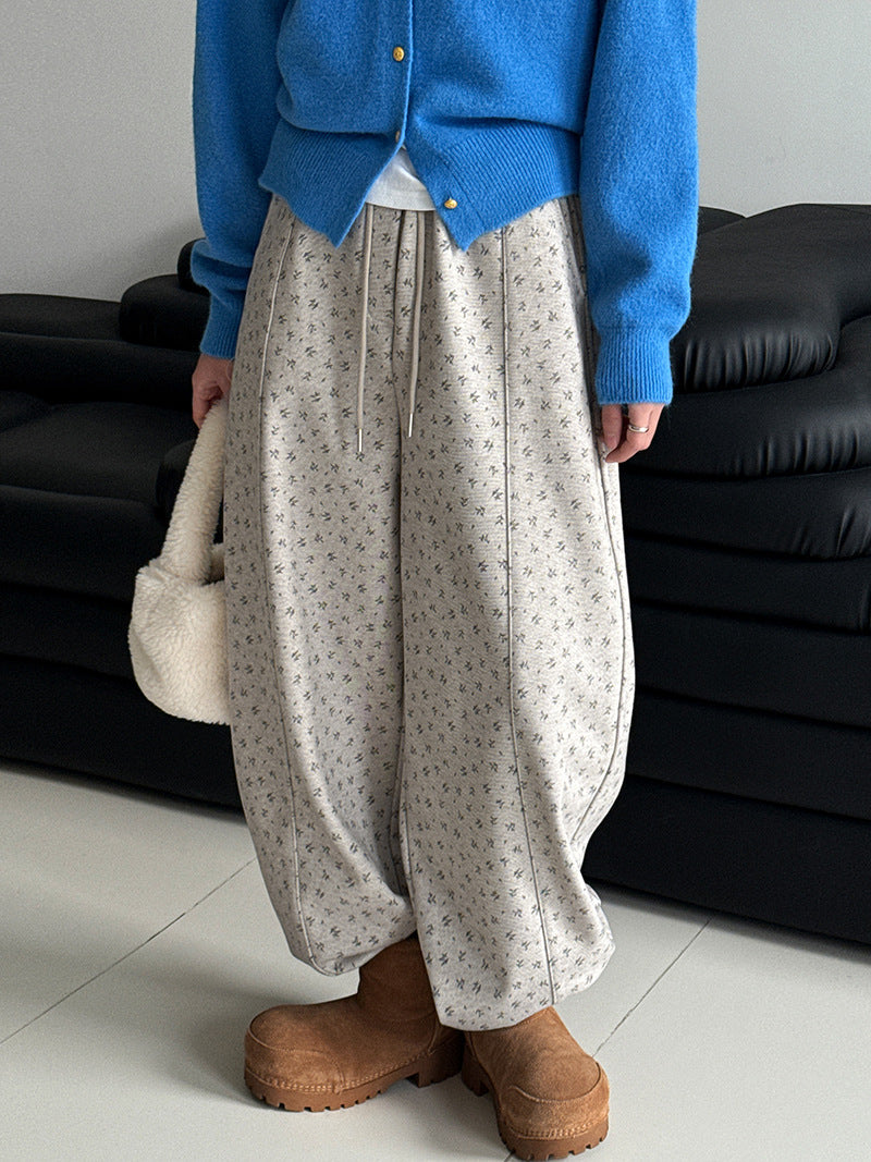 Fleece thickened micro-sickle floral wide-leg pants women's winter new thin elastic waist long pants