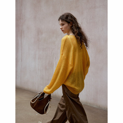 Natural yarn Mohai wool neckline drawstring long sleeve simple loose knitted jumper