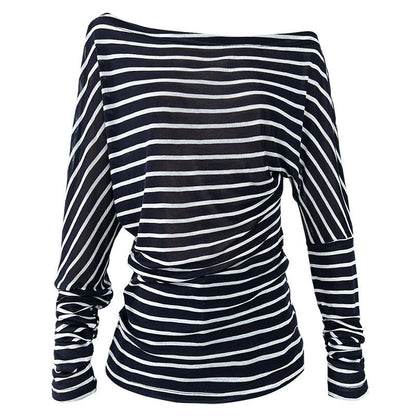 French Minimalist Pinstriped Irregular Slant Shoulder Waist Skinny Top Women's Tencel Long Sleeve T-Shirt