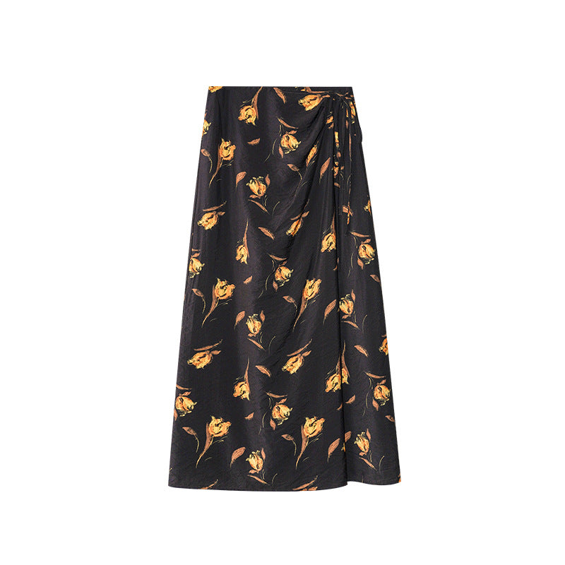 Retro beautiful temperament high waist straight lace-up floral skirt