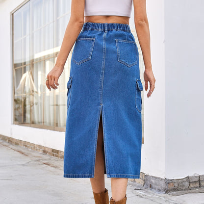 Cargo Denim Midi Skirt