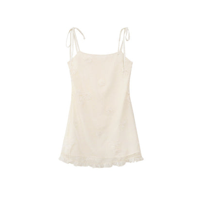 Summer coffee break suspender dress sweet sexy lace-up embroidered dress