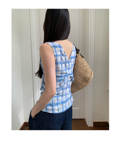 Plaid V-Neck Lace-Up Sleeveless Camisole Top