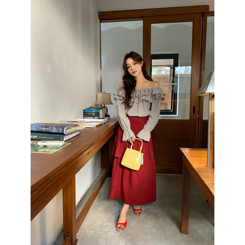 Lace design umbrella skirt high waist a-shaped skirt
