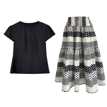 Korean simple flying sleeve top summer new polka dot contrasting color splicing skirt set