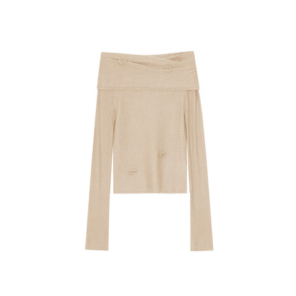 Skin-friendly one-word shoulder backless long-sleeved knitted sweater