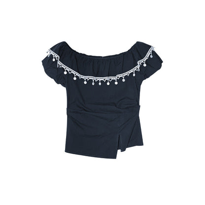 Off-Shoulder Ruffle Trim Bubble Sleeve Cotton Top