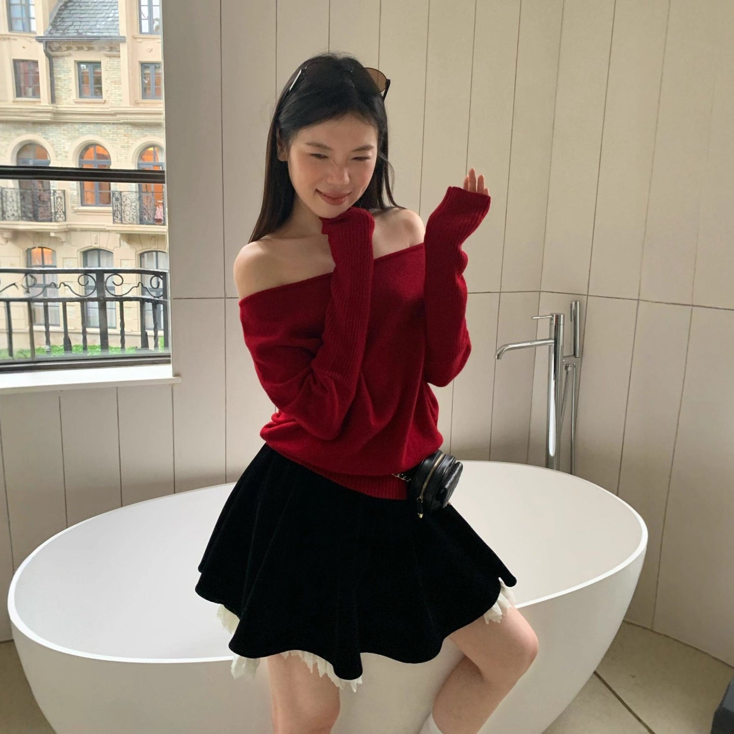 Multi-color all-wool pit strip long-sleeved slanted shoulder two-wear pullover sweater