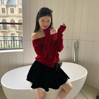 Multi-color all-wool pit strip long-sleeved slanted shoulder two-wear pullover sweater