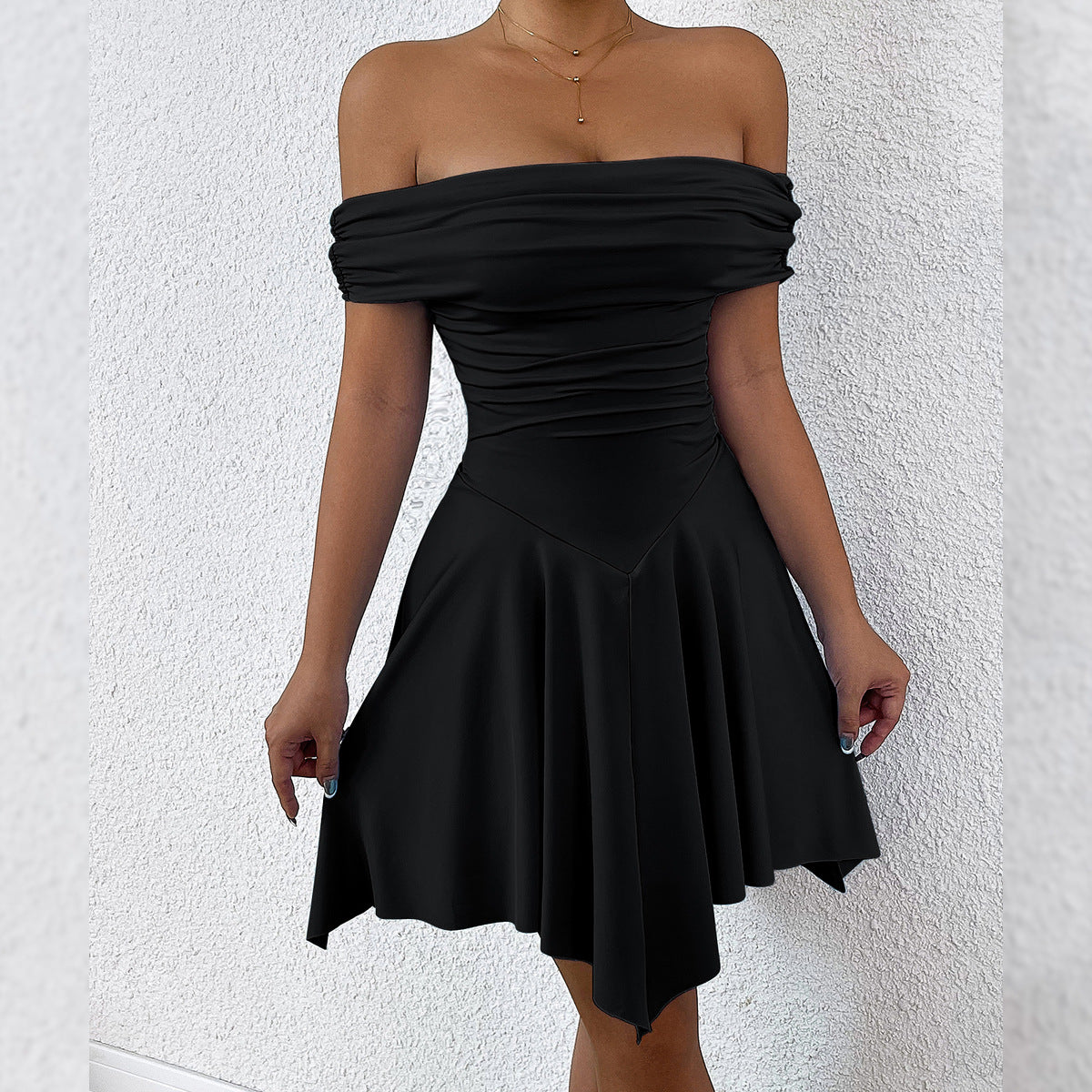 One-Shoulder Tube Top Dress Women Elastic Waist Irregular Hem Mini