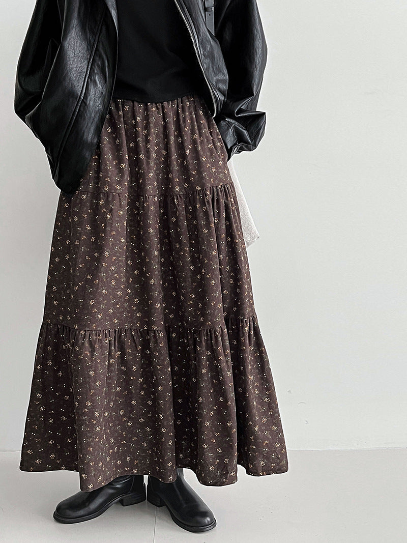 Retro floral splicing large skirt high waist skirt women's autumn new thin plush dress 1728
