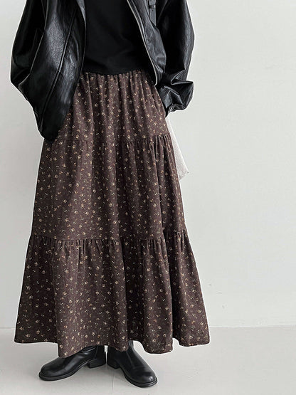 Retro floral splicing large skirt high waist skirt women's autumn new thin plush dress 1728