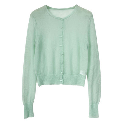 Early spring new mohair knitted cardigan women's thin slightly transparent gentle soft waxy outer coat