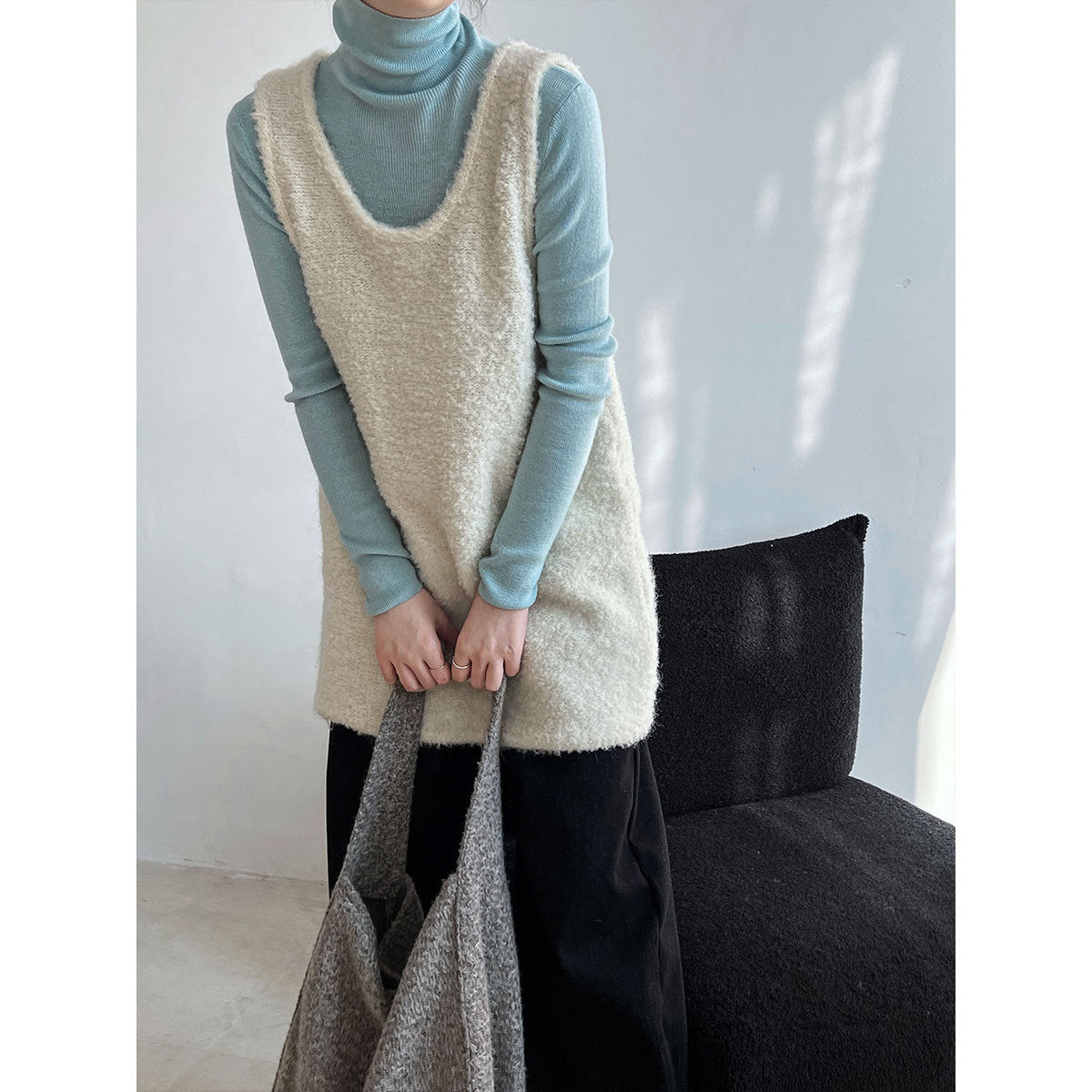 Korean atmosphere U-neck loose and thin stacked wool loop wool knitted vest dress