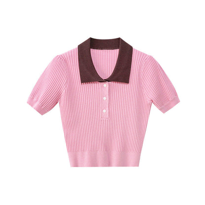 College Fashion Commuter Lapel Short Sleeve Knitwear