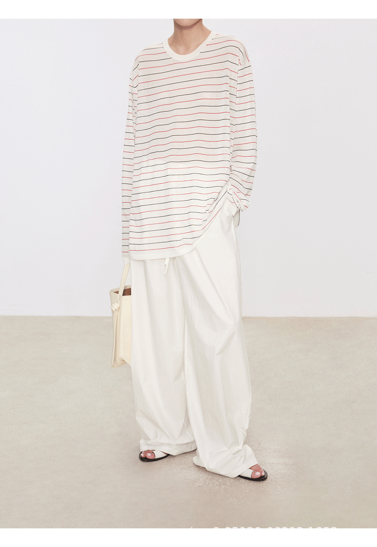 Striped Sweater Set Women Loose Fit Round Neck Long Sleeve Triacetate Cotton