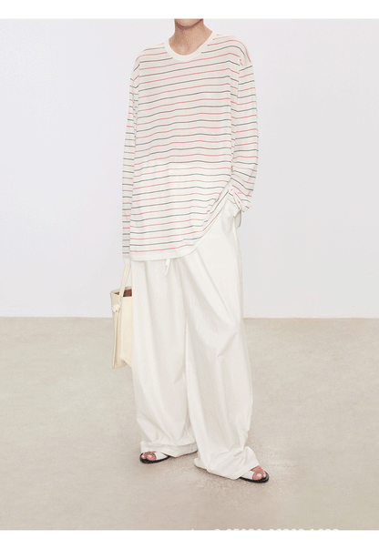 Striped Sweater Set Women Loose Fit Round Neck Long Sleeve Triacetate Cotton