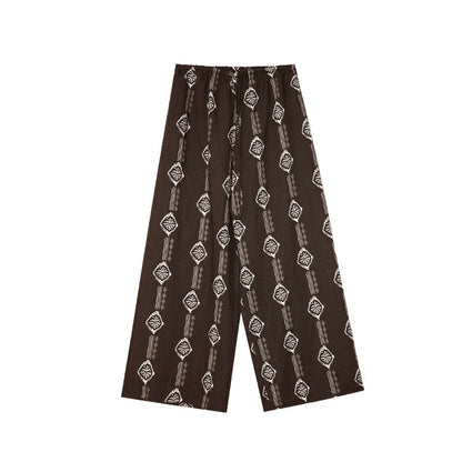 Bohemian Tencel linen wide-leg print drawstring slacks