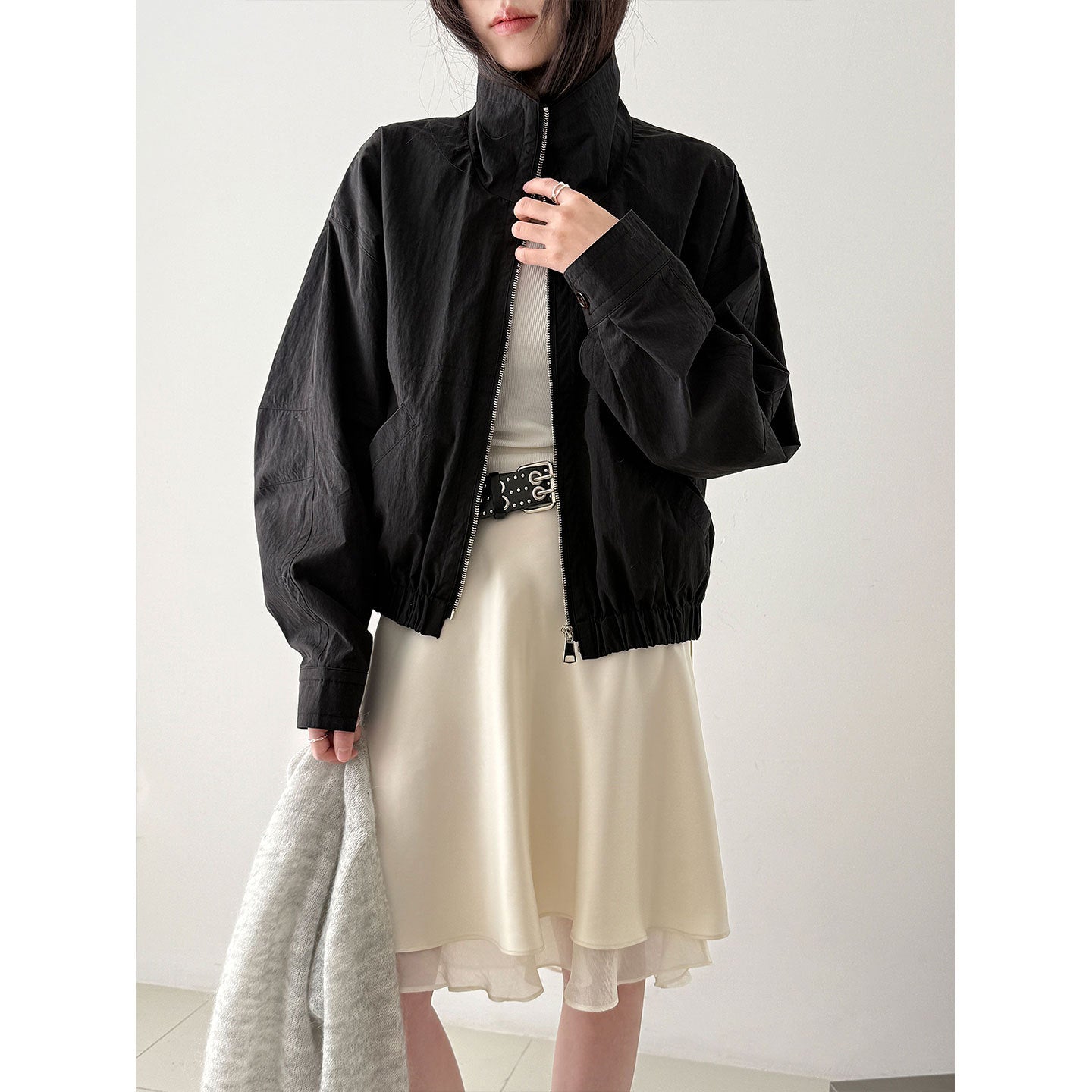 Korean gentle wind splicing skirt women's early spring versatile silky slippery lotus leaf edge a-word skirt