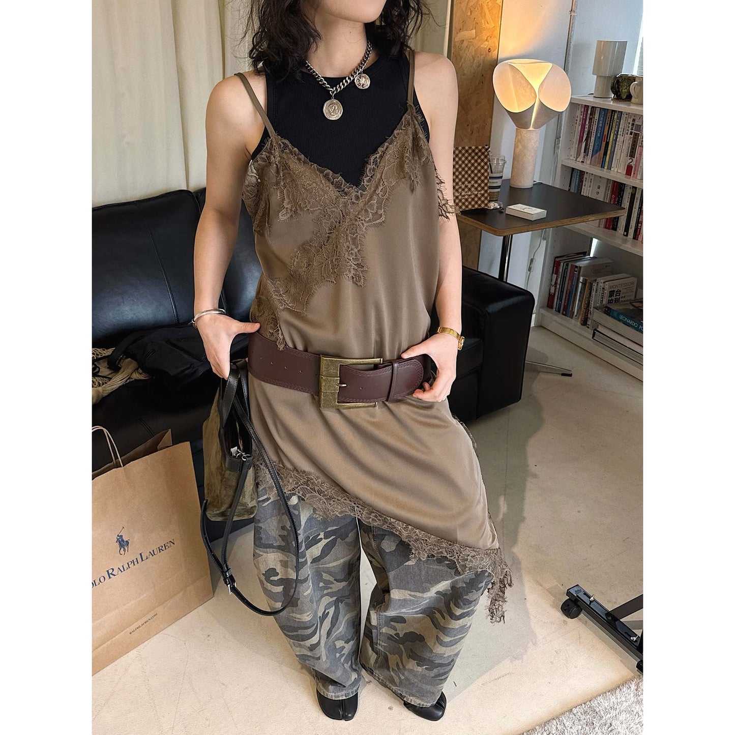 New French temperament V-neck eyelash lace slim primer suspender asymmetrical hem top women