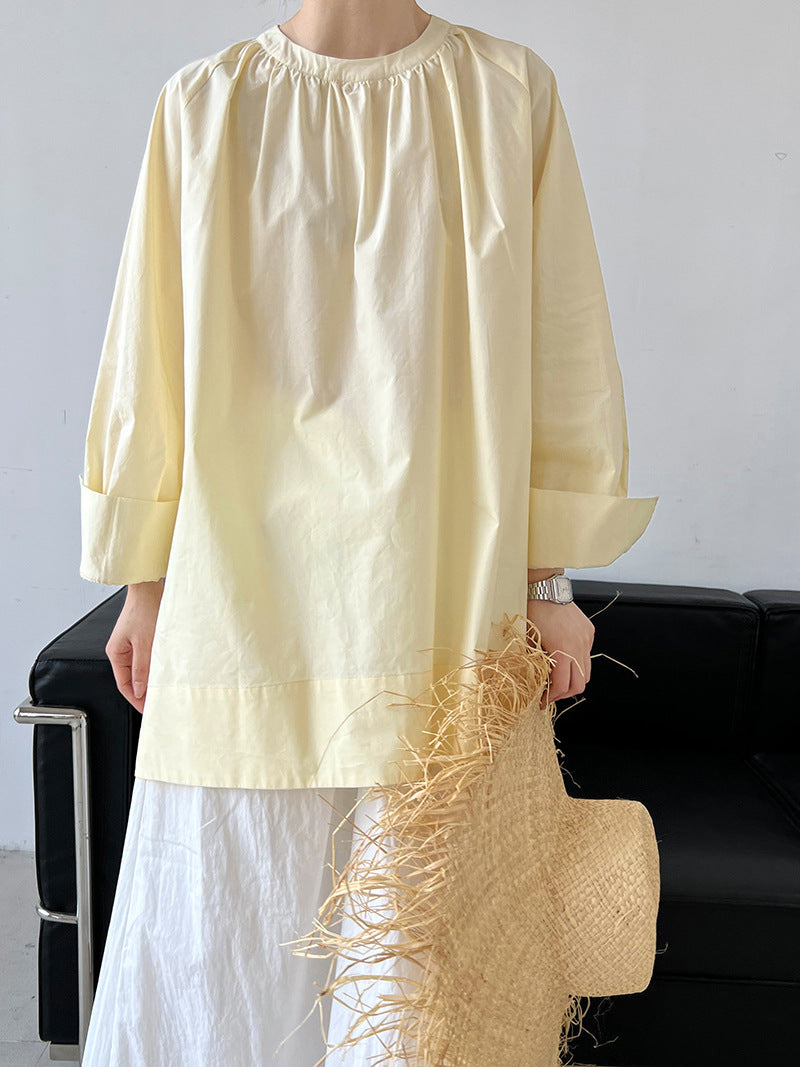 ins Korean loose and lazy basic round neck pleated shoulder sleeves medium and long sunscreen shirt